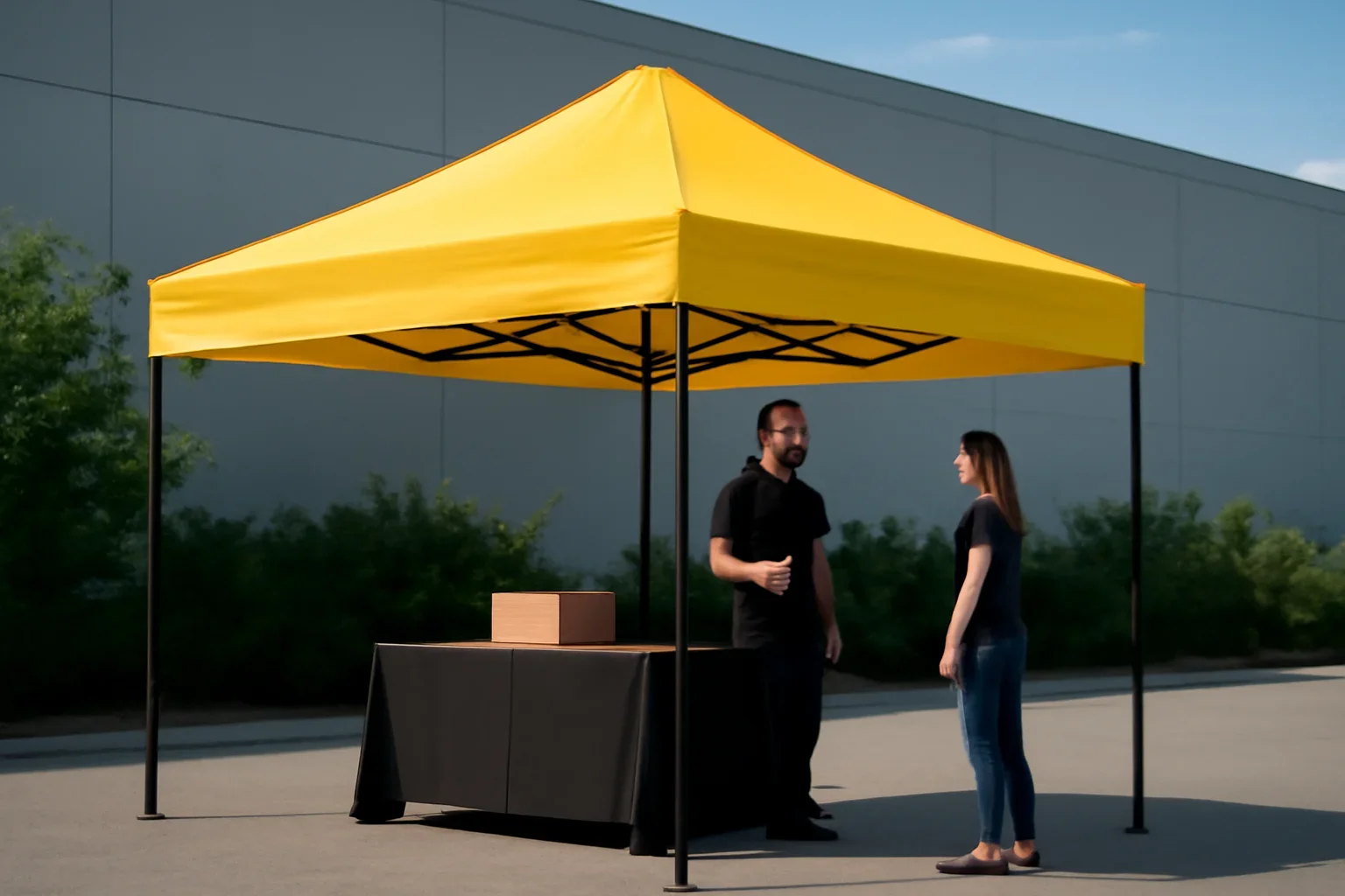 About setup showing a commercial canopy tent in use