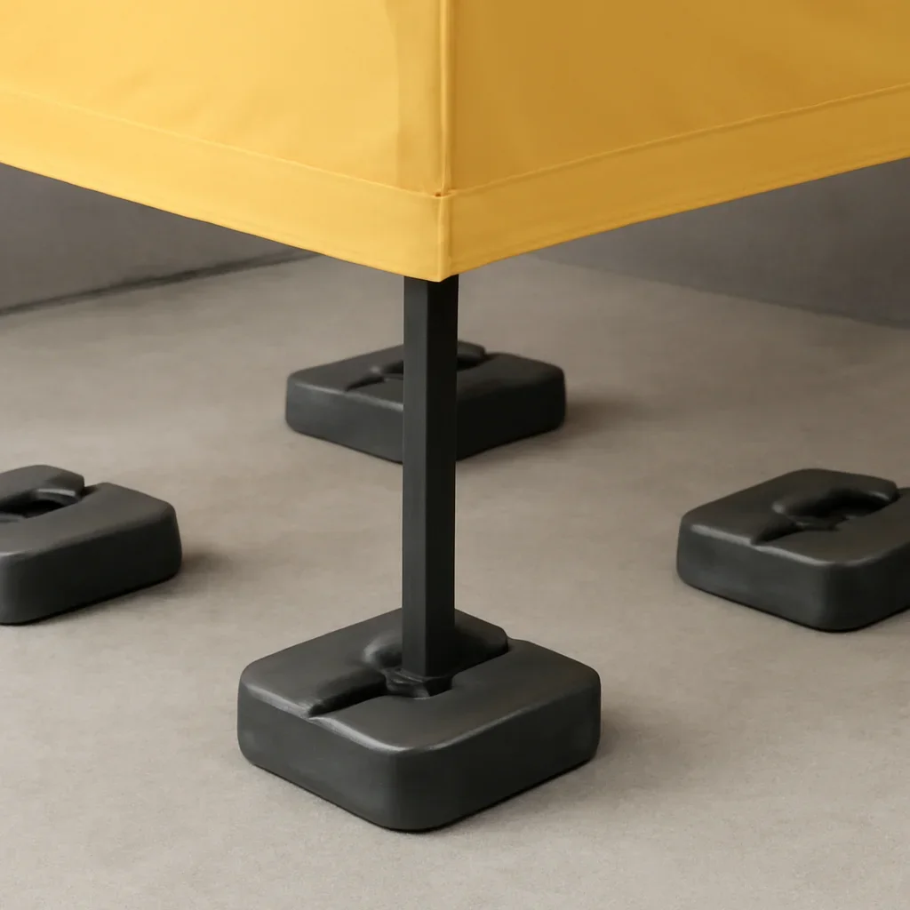 Close view of canopy tent weights: how many you need by size and surface materials, frame, or setup details