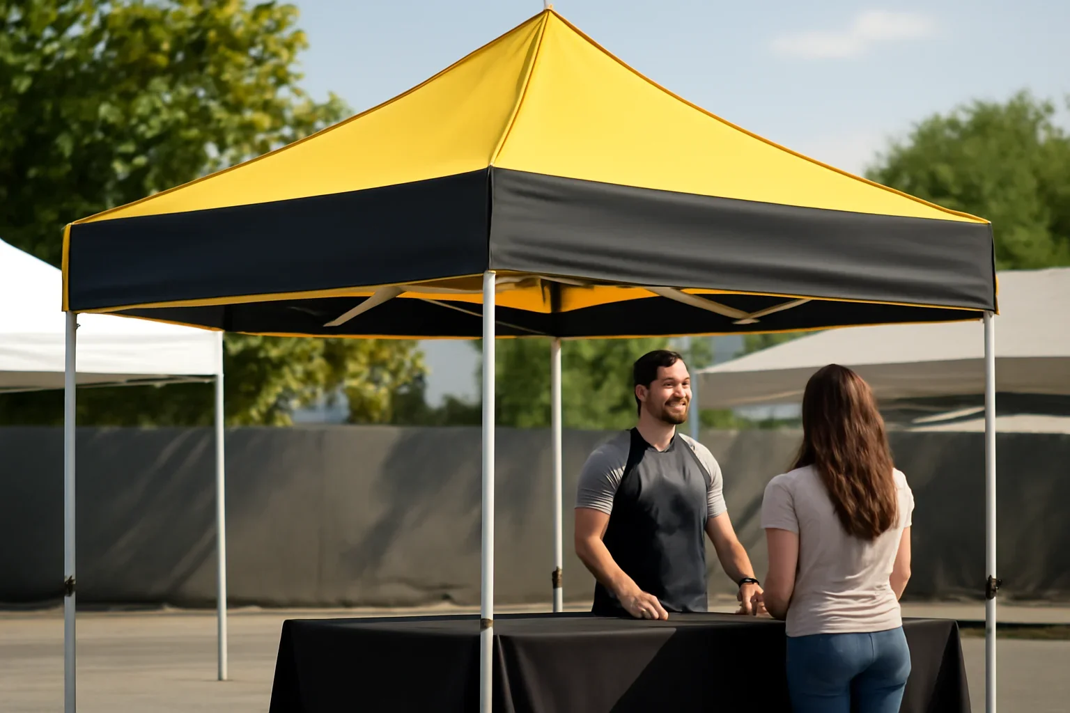 How to Prep Artwork Files for a Custom Printed Canopy setup showing a commercial canopy tent in use