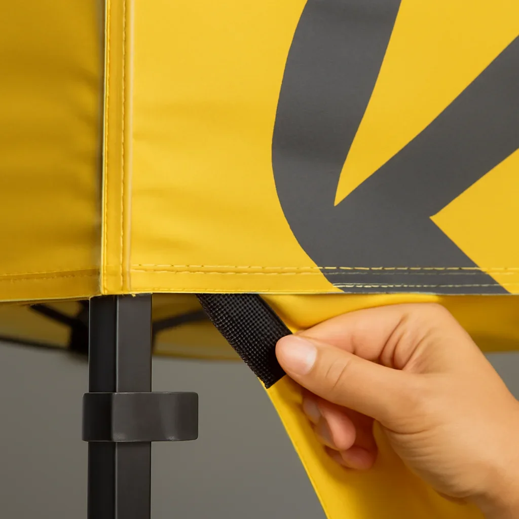 Close view of how to prep artwork files for a custom printed canopy materials, frame, or setup details