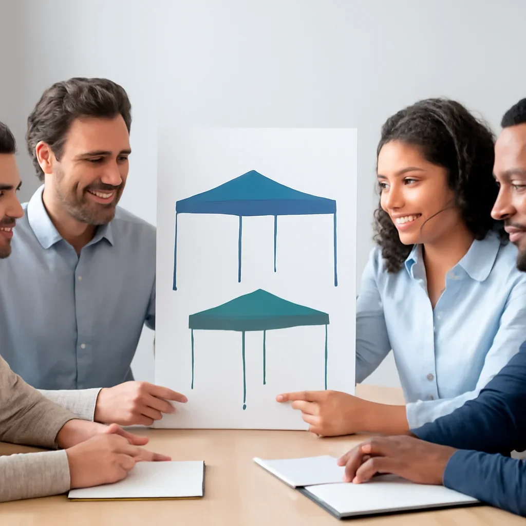 Team discussing portable vs instant canopy tents: which one is right for you? options before ordering