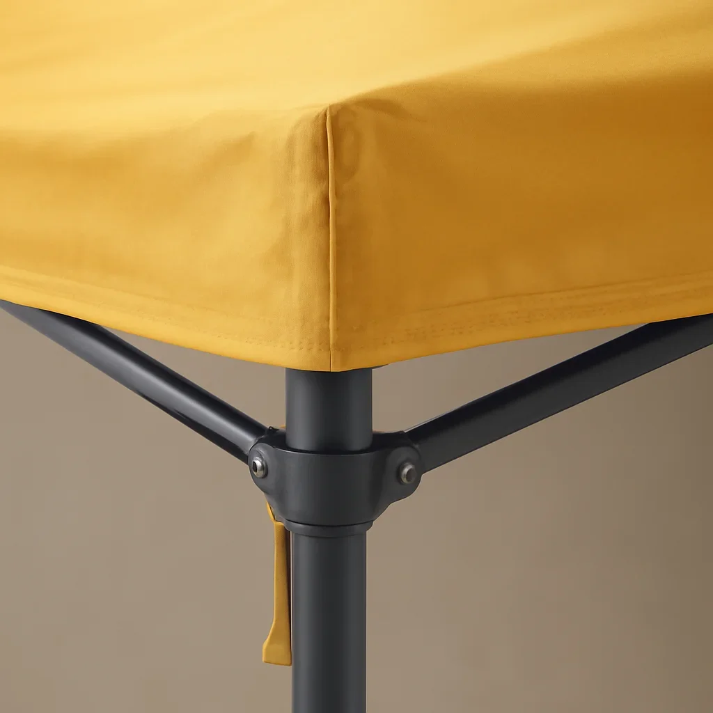 Close view of store-bought canopy tent alternatives materials, frame, or setup details