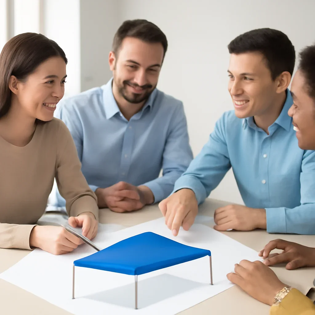 Team discussing custom 10x20 canopy tents options before ordering