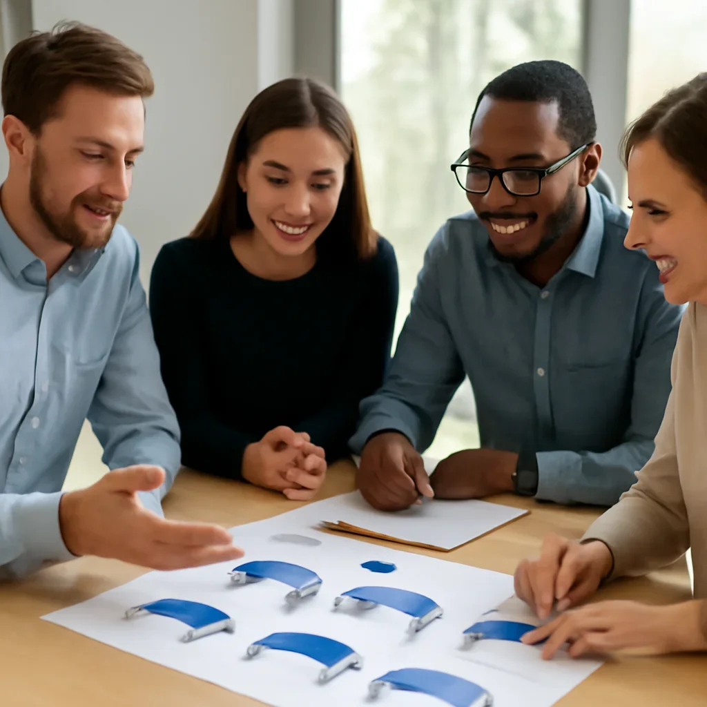 Team discussing custom canopy tents options before ordering