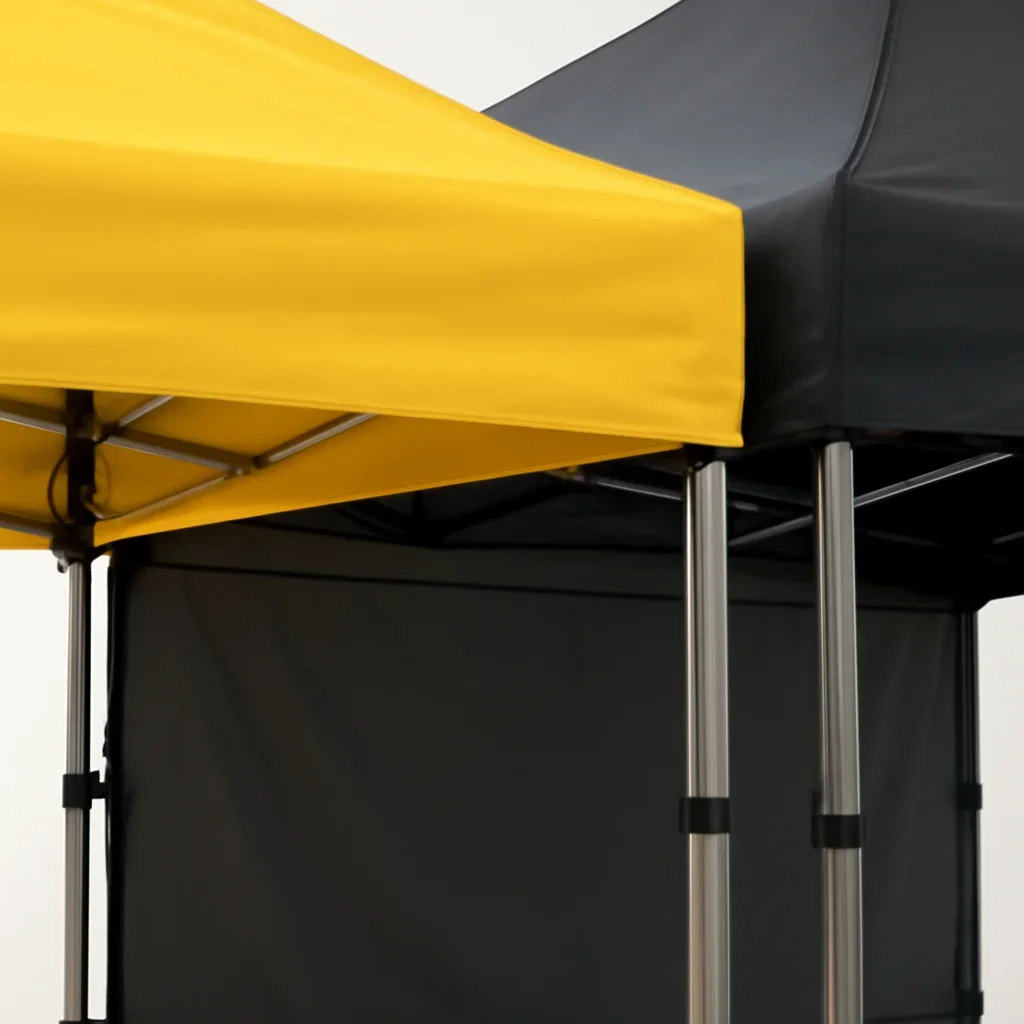 Close view of canopy tents with sidewalls materials, frame, or setup details