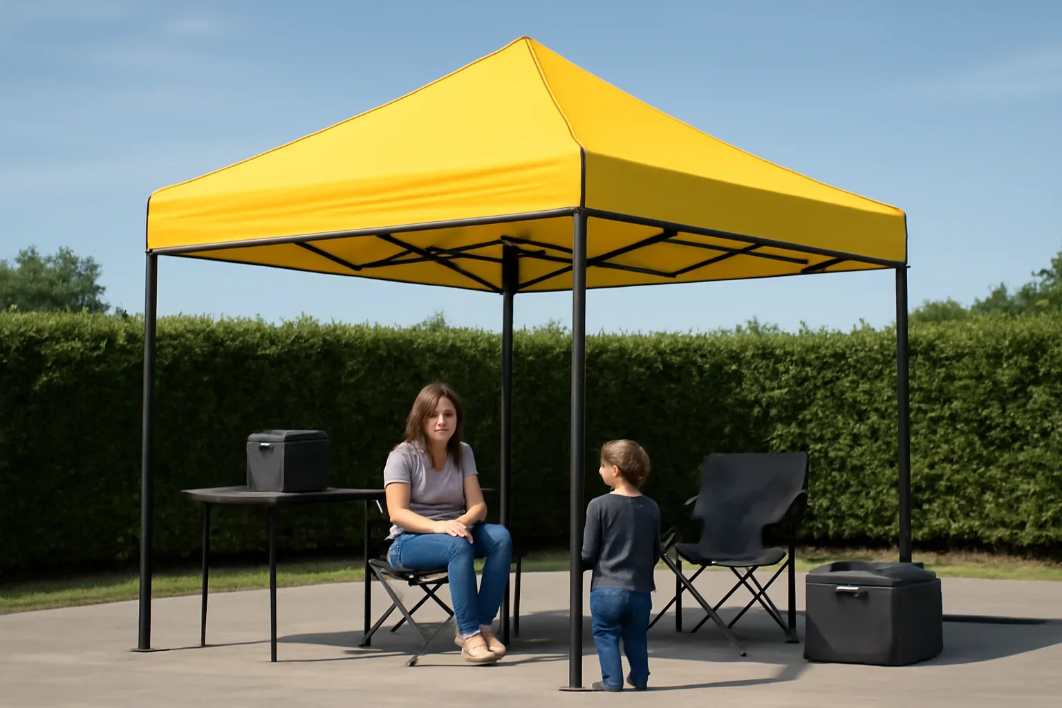 Features setup showing a commercial canopy tent in use