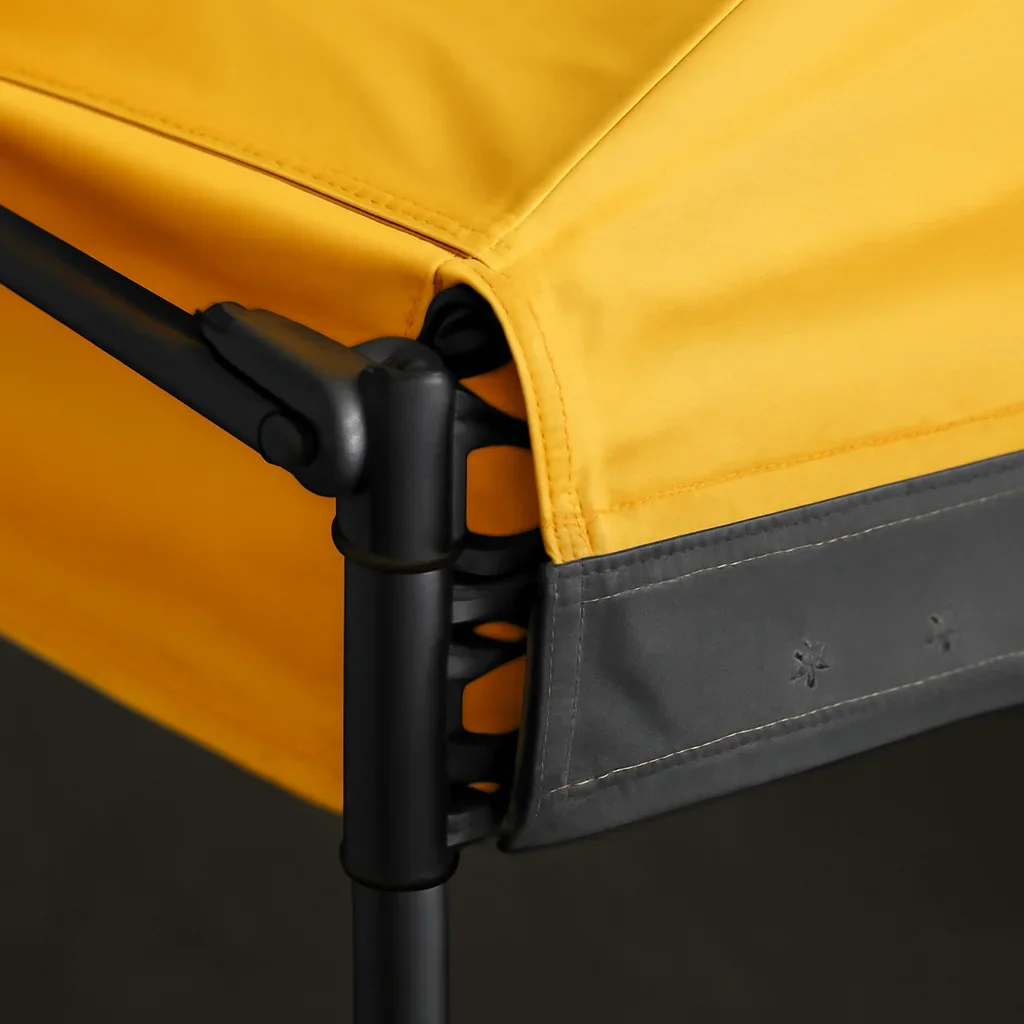Close view of waterproof canopy tents materials, frame, or setup details