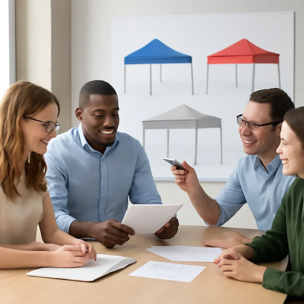 Team discussing gazebo canopy tents options before ordering