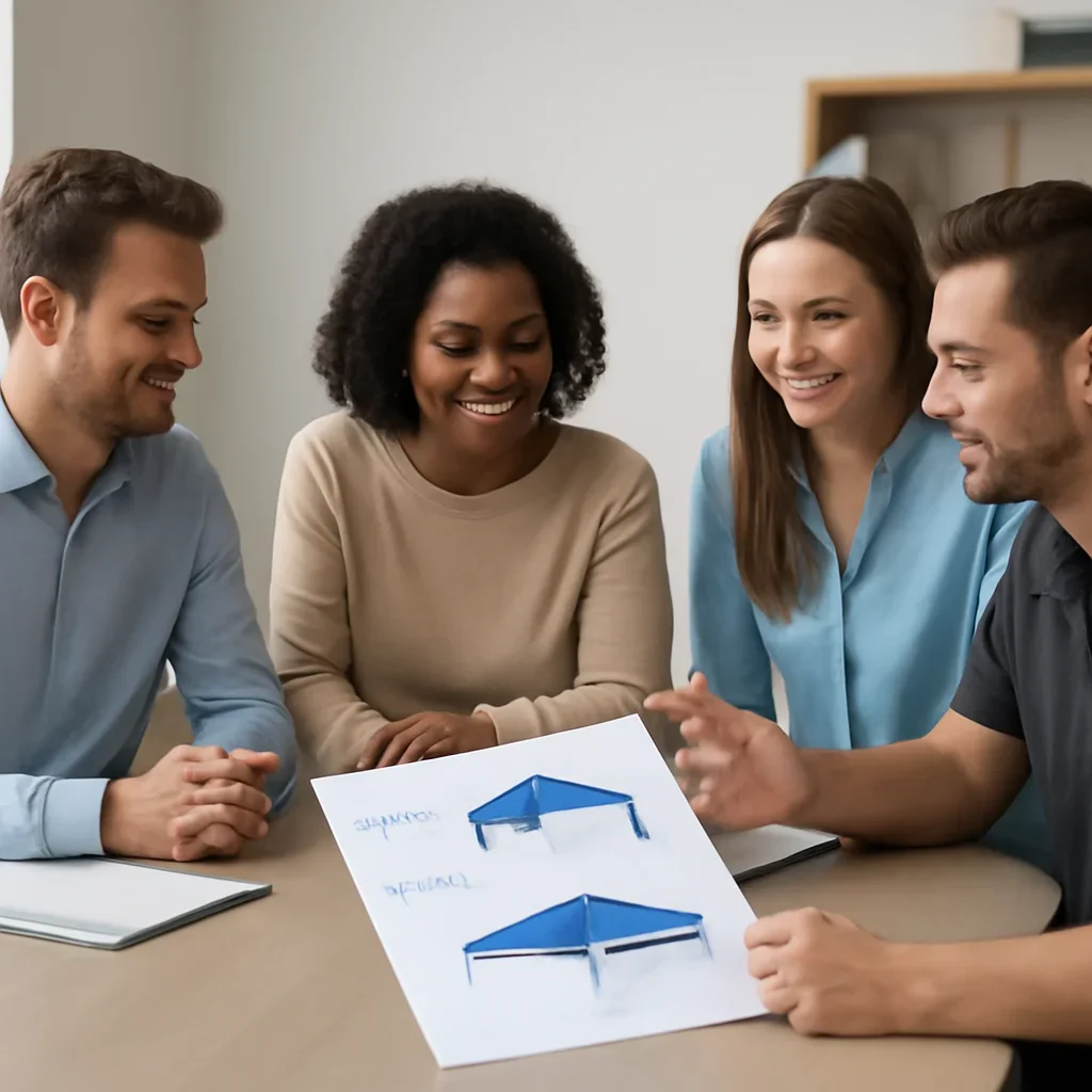 Team discussing heavy duty canopy tents options before ordering