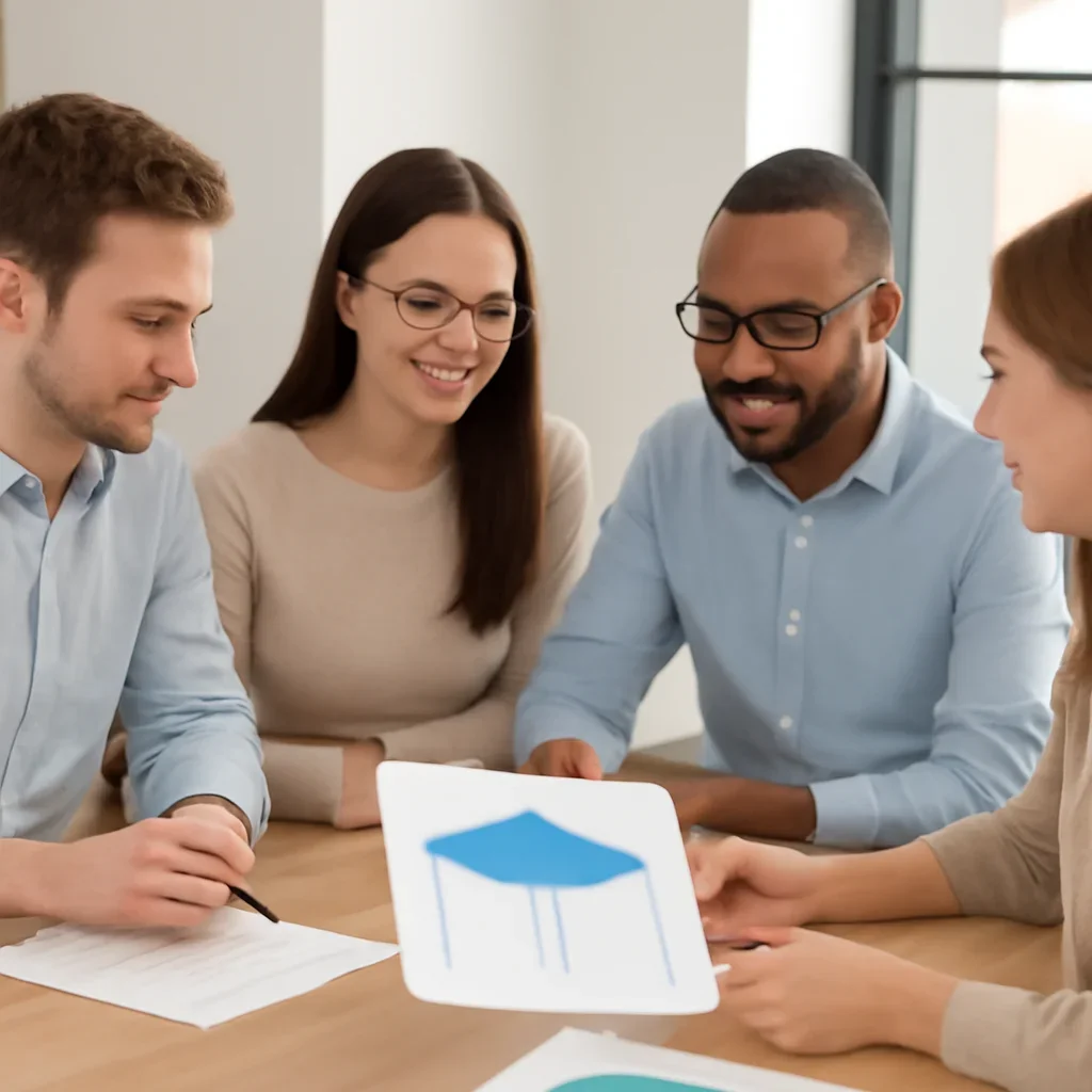 Team discussing instant canopy tents options before ordering