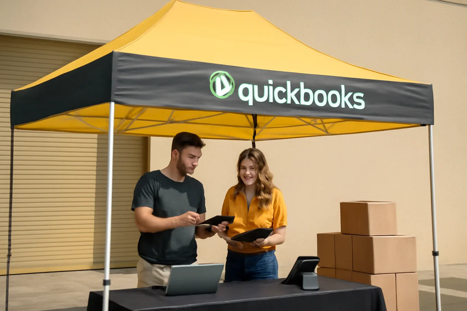 QuickBooks Integration setup showing a commercial canopy tent in use
