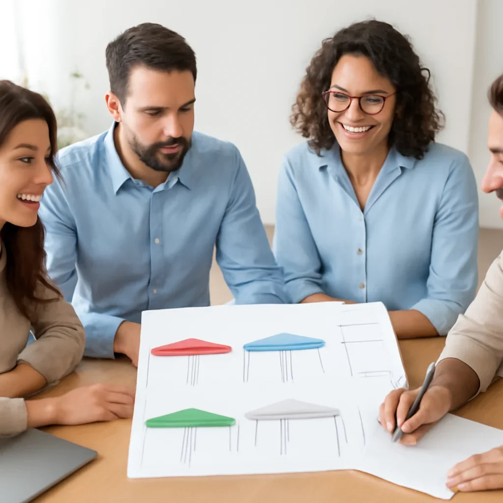 Team discussing large canopy tents options before ordering