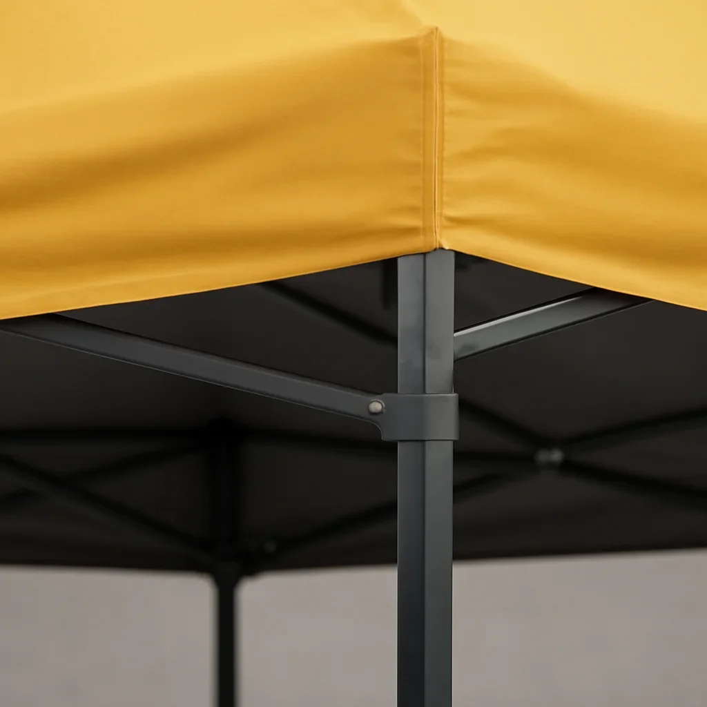 Close view of large canopy tents materials, frame, or setup details