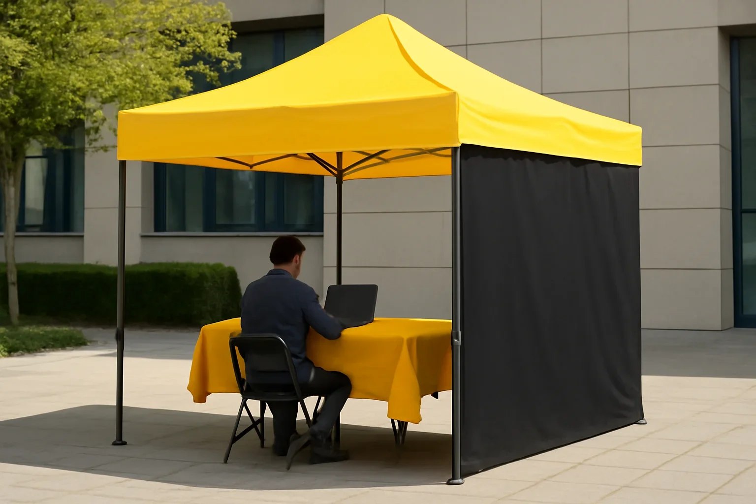 Privacy Policy setup showing a commercial canopy tent in use