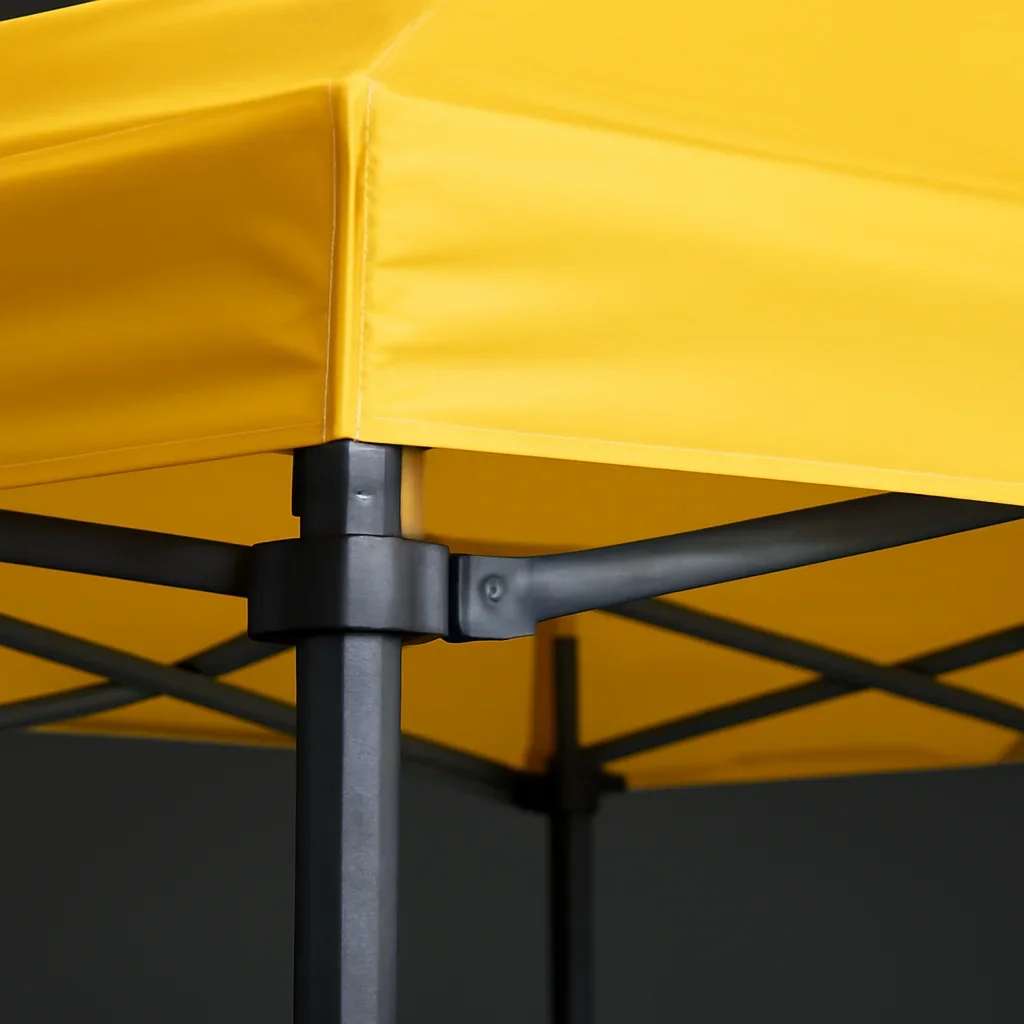 Close view of pop up canopy tents materials, frame, or setup details