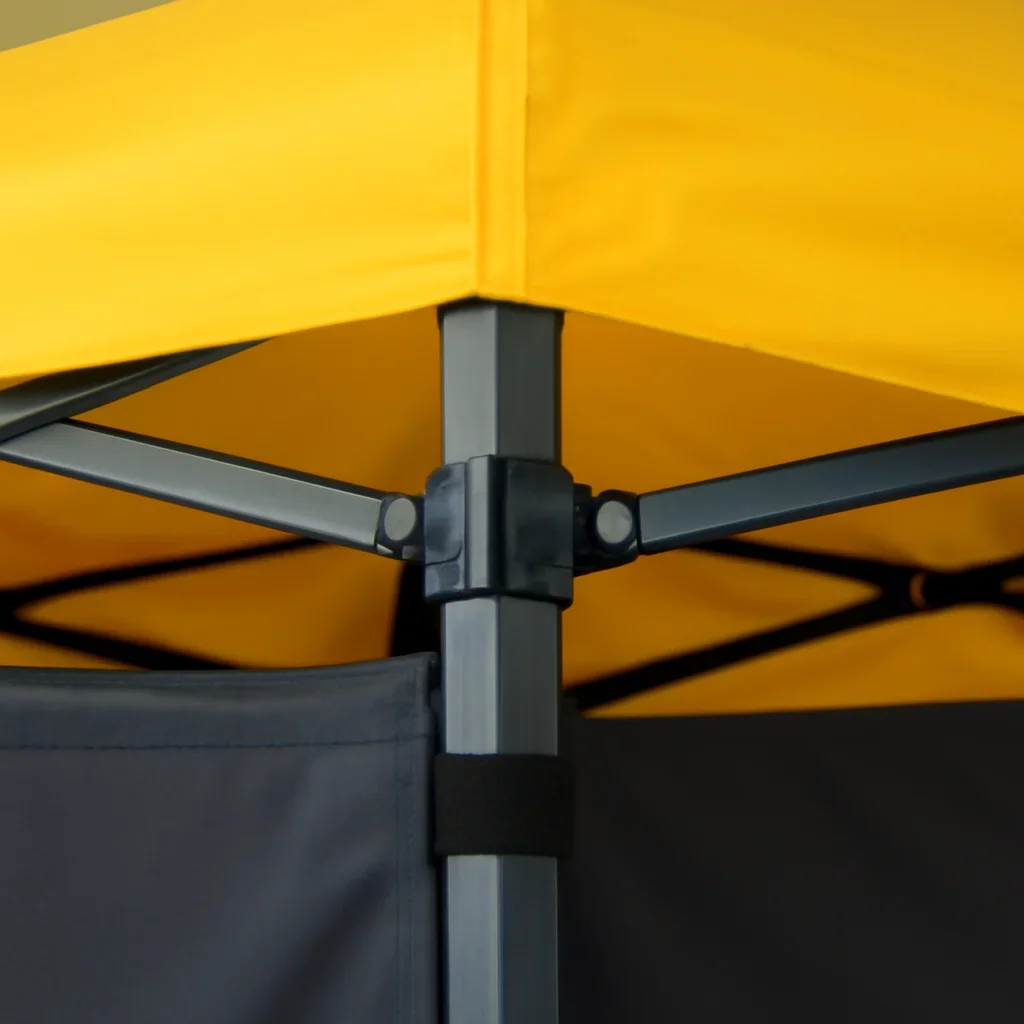 Close view of portable canopy tents materials, frame, or setup details