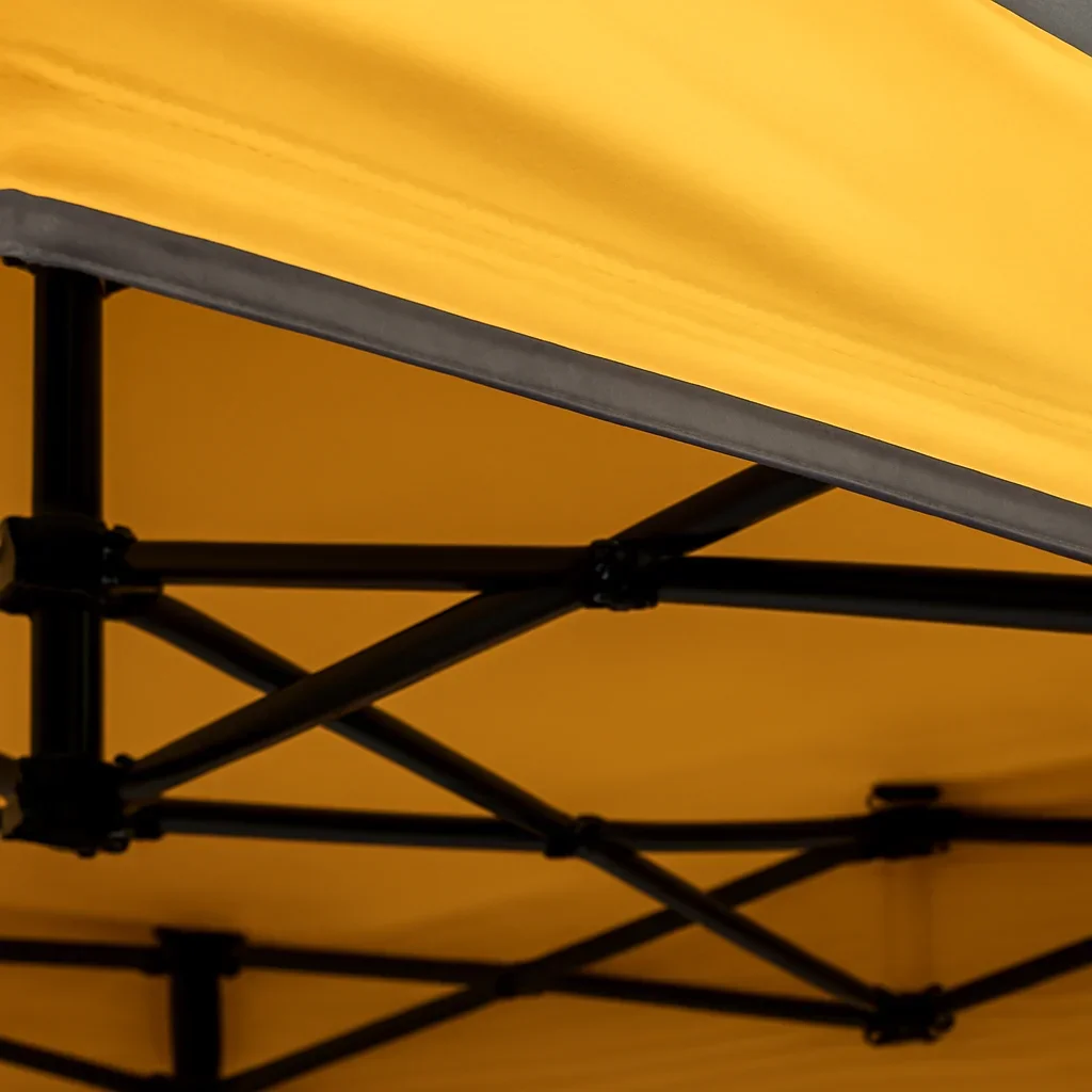 Close view of event canopy tents materials, frame, or setup details