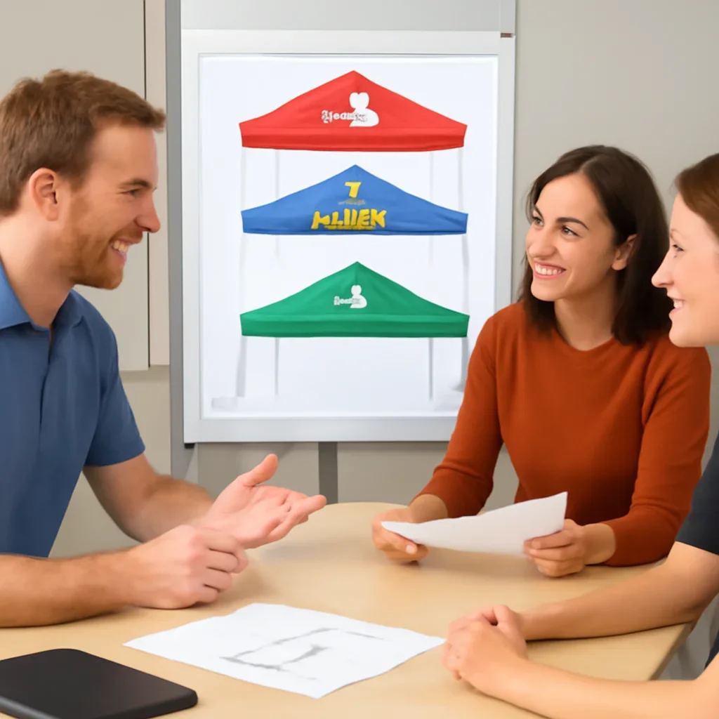 Team discussing sports team canopy tents options before ordering