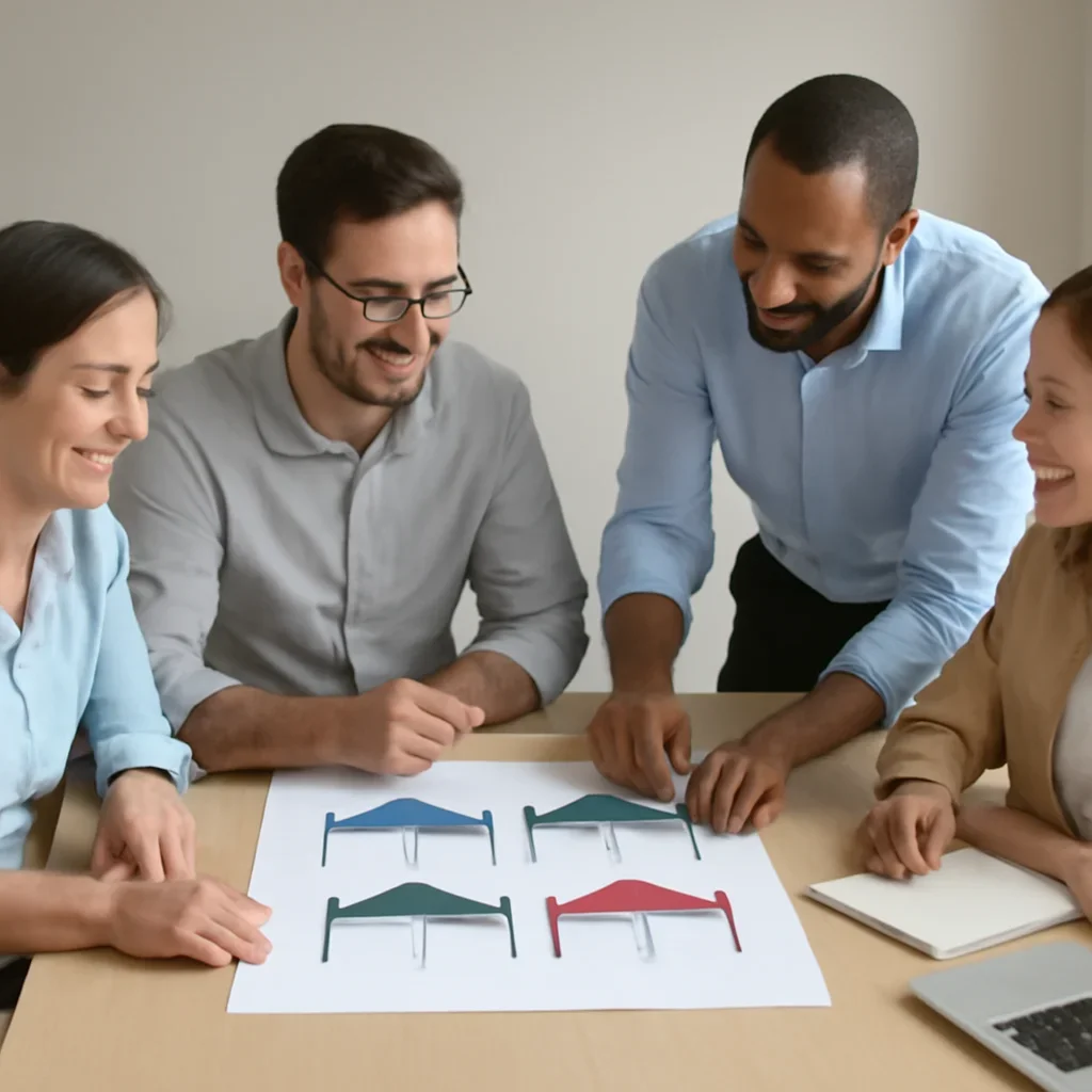 Team discussing vendor canopy tents options before ordering