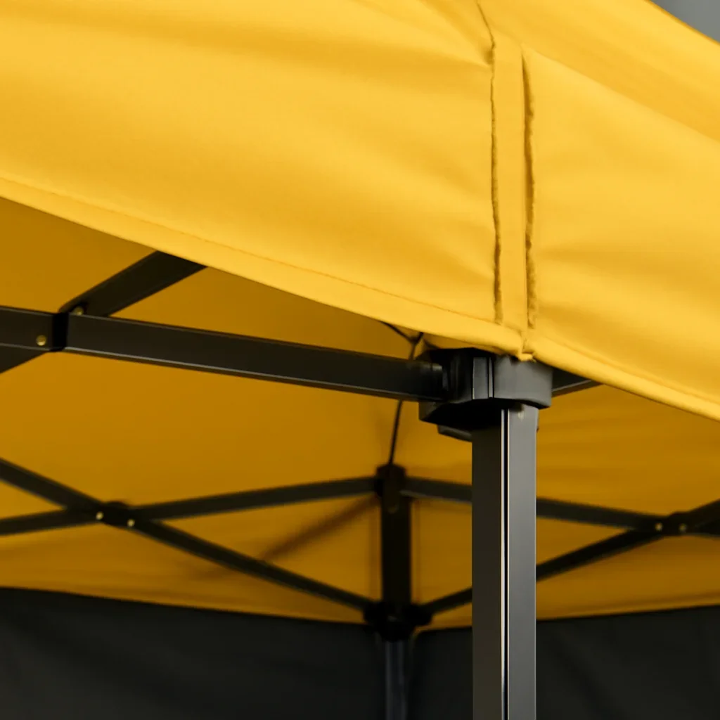 Close view of vendor canopy tents materials, frame, or setup details