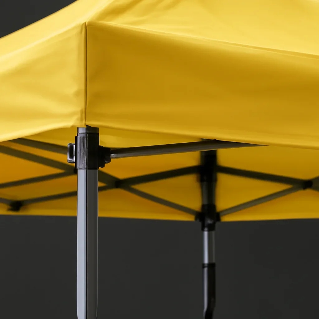 Close view of canopy tent setup & safety guide materials, frame, or setup details