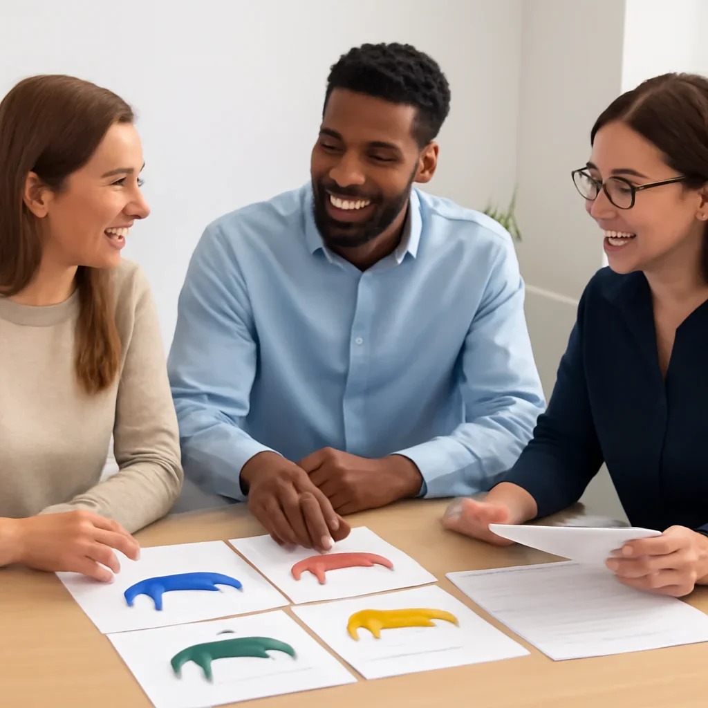 Team discussing custom artwork template guide options before ordering