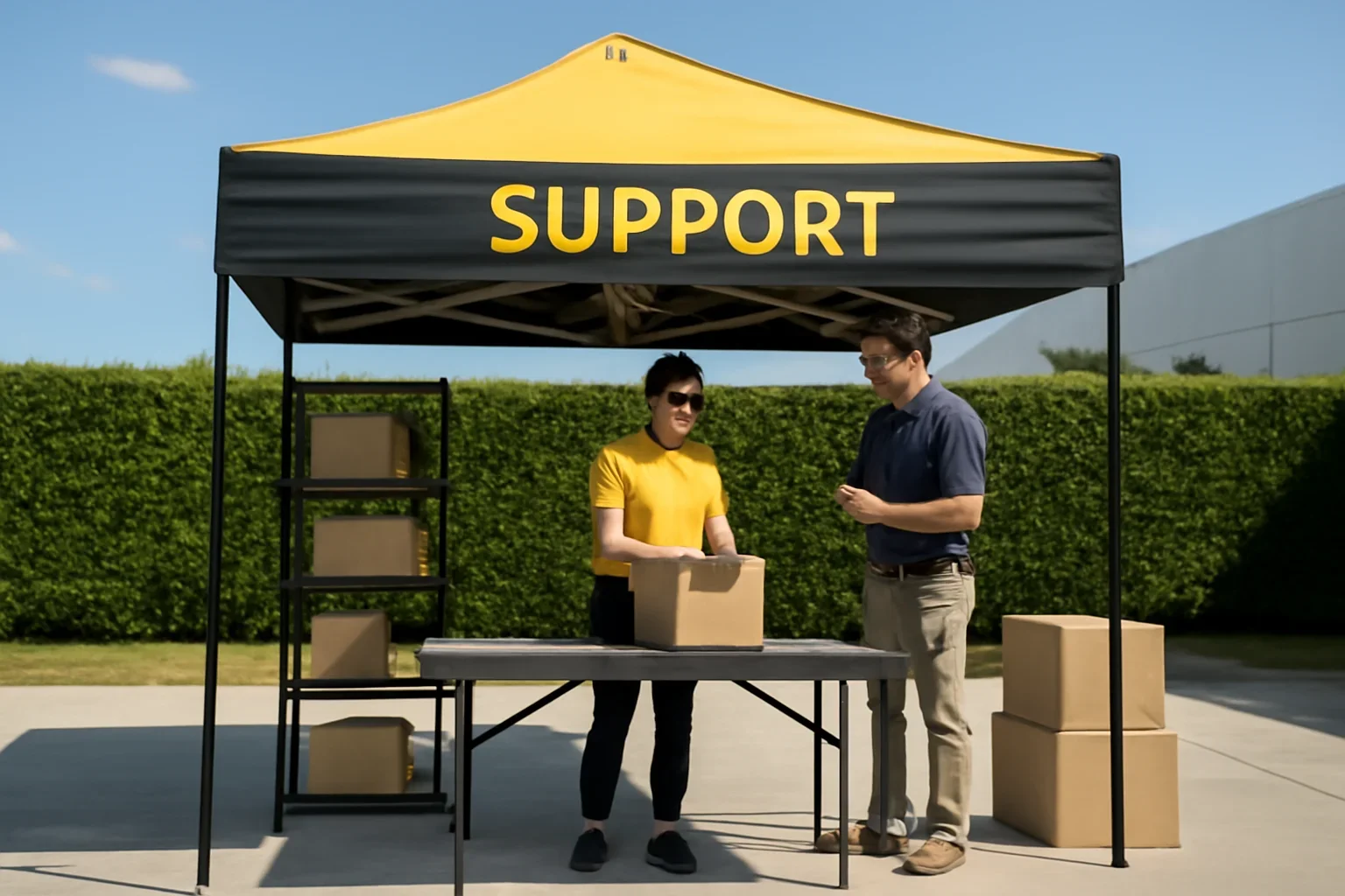 Support setup showing a commercial canopy tent in use