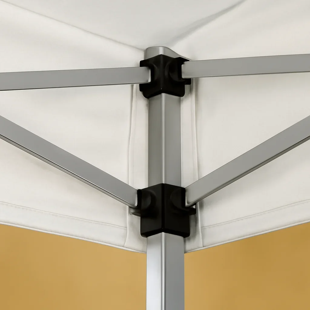 Close view of white canopy tents materials, frame, or setup details